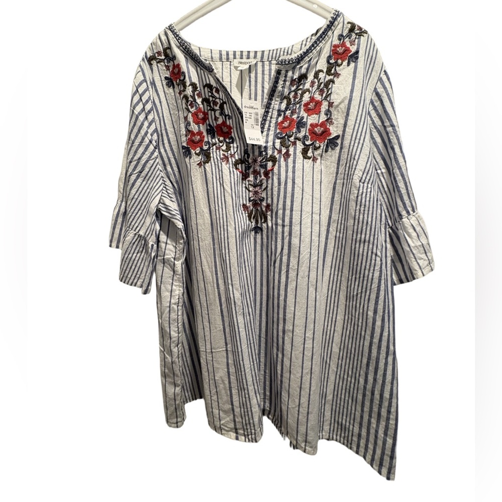 Boho Striped Blue & White Embroidered V-Neck Women's Tunic Plus Size 1X - Picture 3 of 8